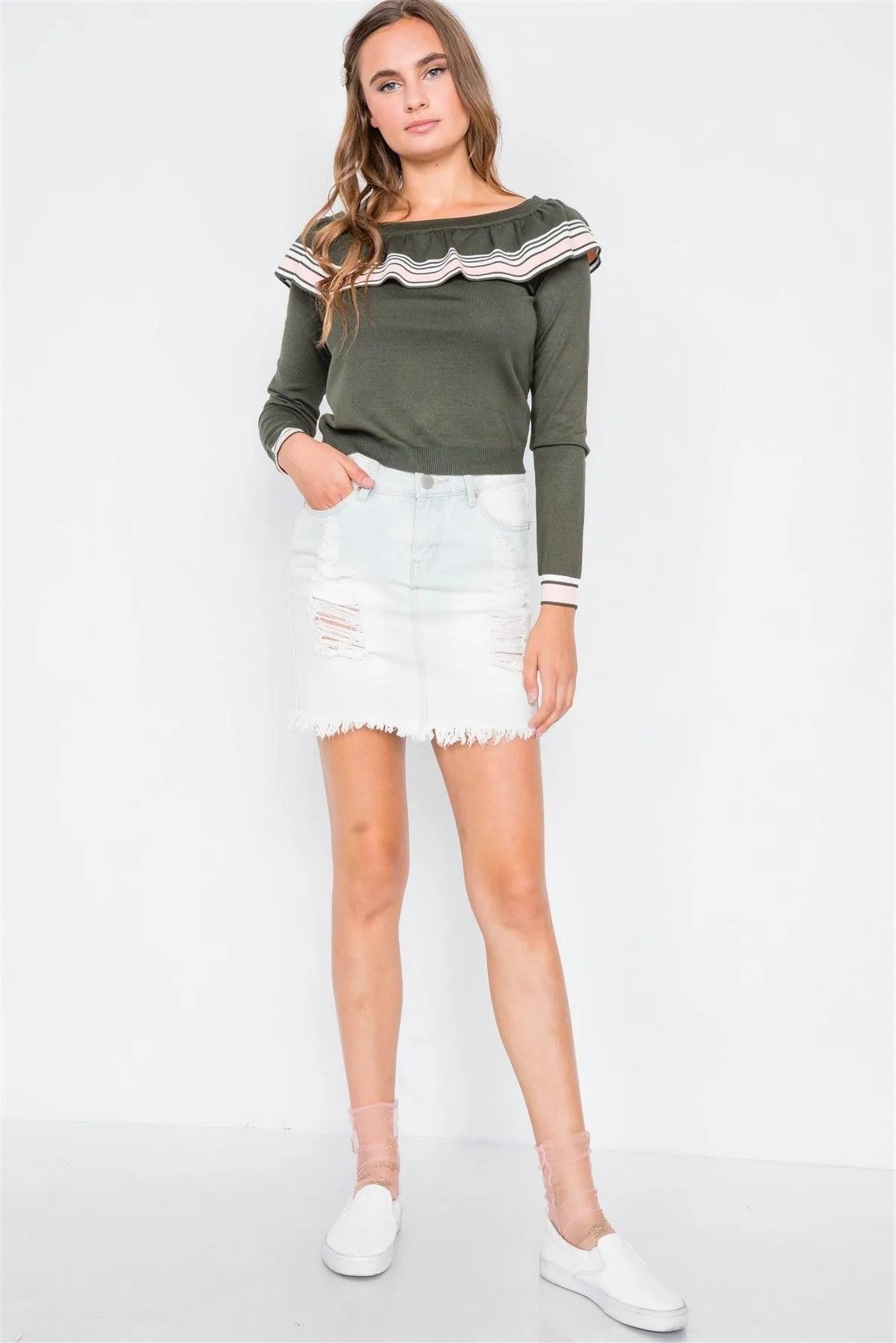 Olive Pink Colorblock Long Sleeve Knit Sweater /3-3 - Tasha Apparel Wholesale