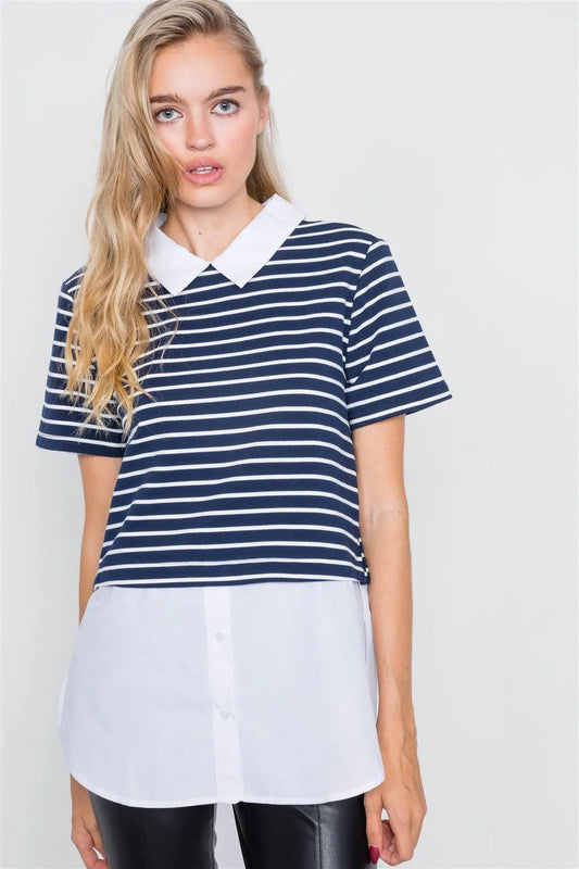 Navy & White Stripe Contrast Button Down Shirt Blouse /2-2-2 - Tasha Apparel Wholesale