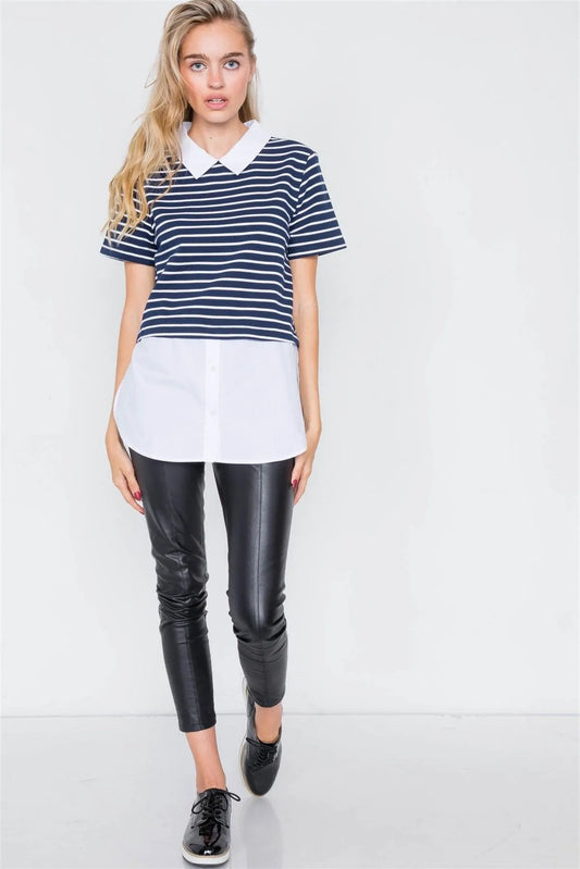 Navy & White Stripe Contrast Button Down Shirt Blouse /3-2-2 - Tasha Apparel Wholesale