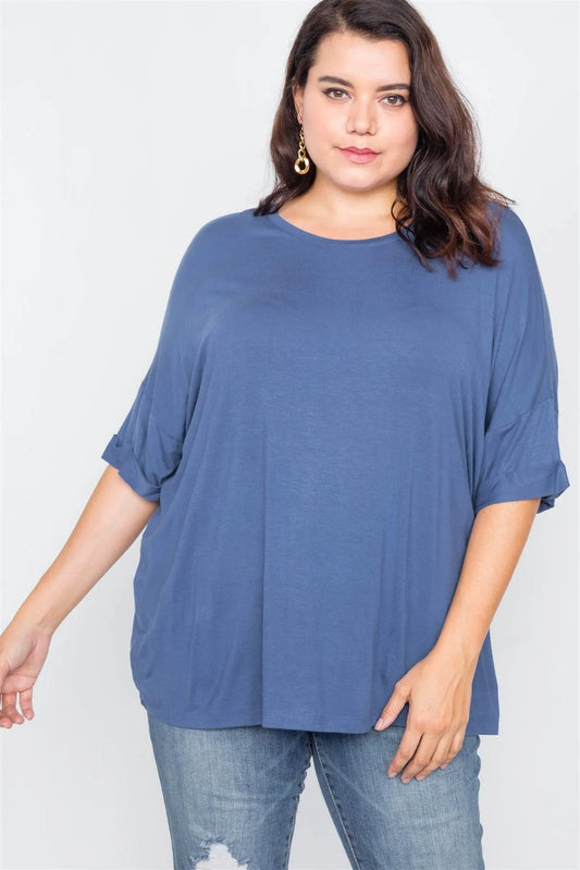 Junior Plus Size Denim Batwing Short Sleeve Drop-Shoulder Top /2-2-2 - Tasha Apparel Wholesale
