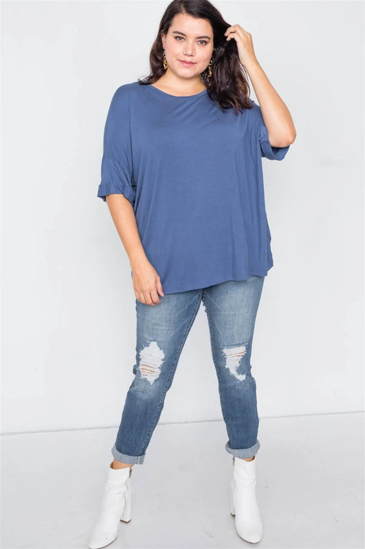 Junior Plus Size Denim Batwing Short Sleeve Drop-Shoulder Top /2-2-3 - Tasha Apparel Wholesale