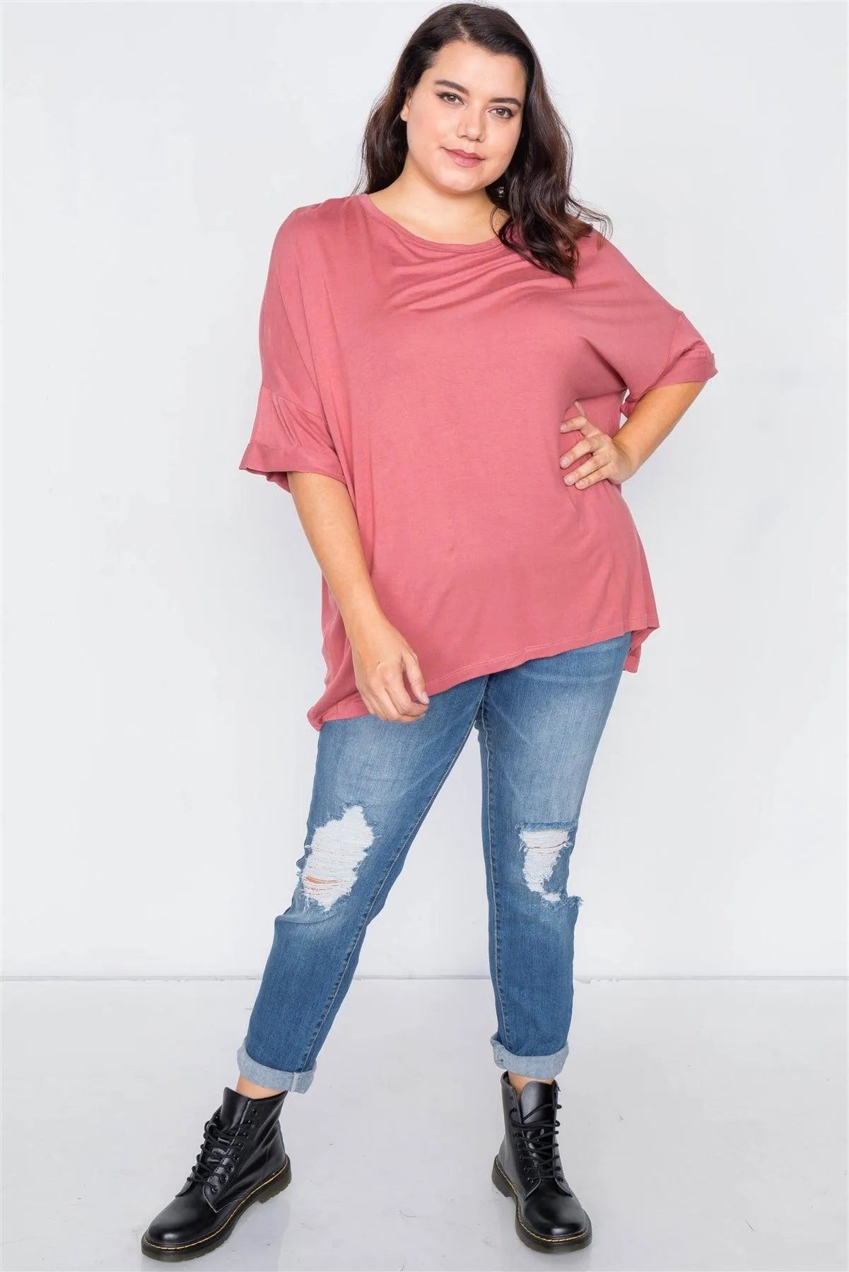 Junior Plus Size Ginger Batwing Short Sleeve Drop-Shoulder Top /1-3-2 - Tasha Apparel Wholesale