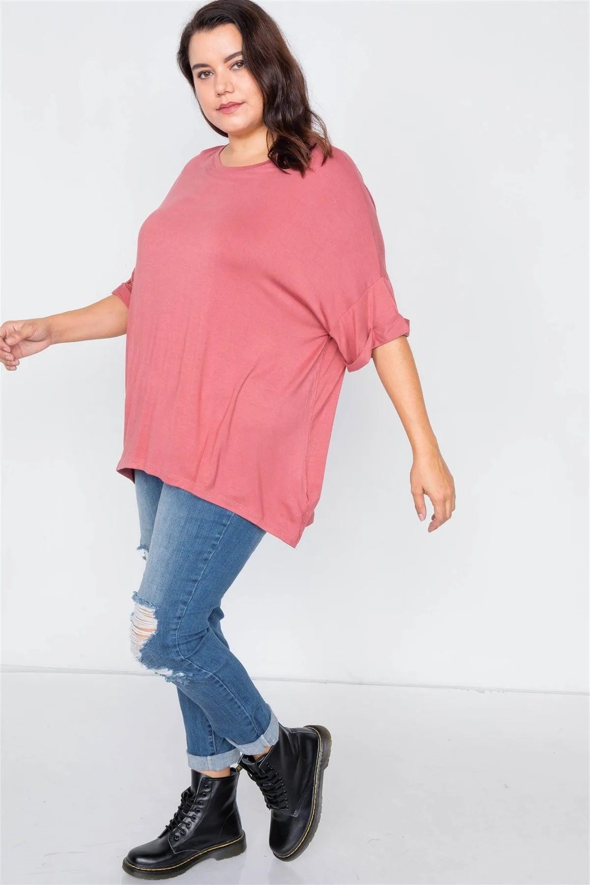 Junior Plus Size Ginger Batwing Short Sleeve Drop-Shoulder Top /1-3-2 - Tasha Apparel Wholesale