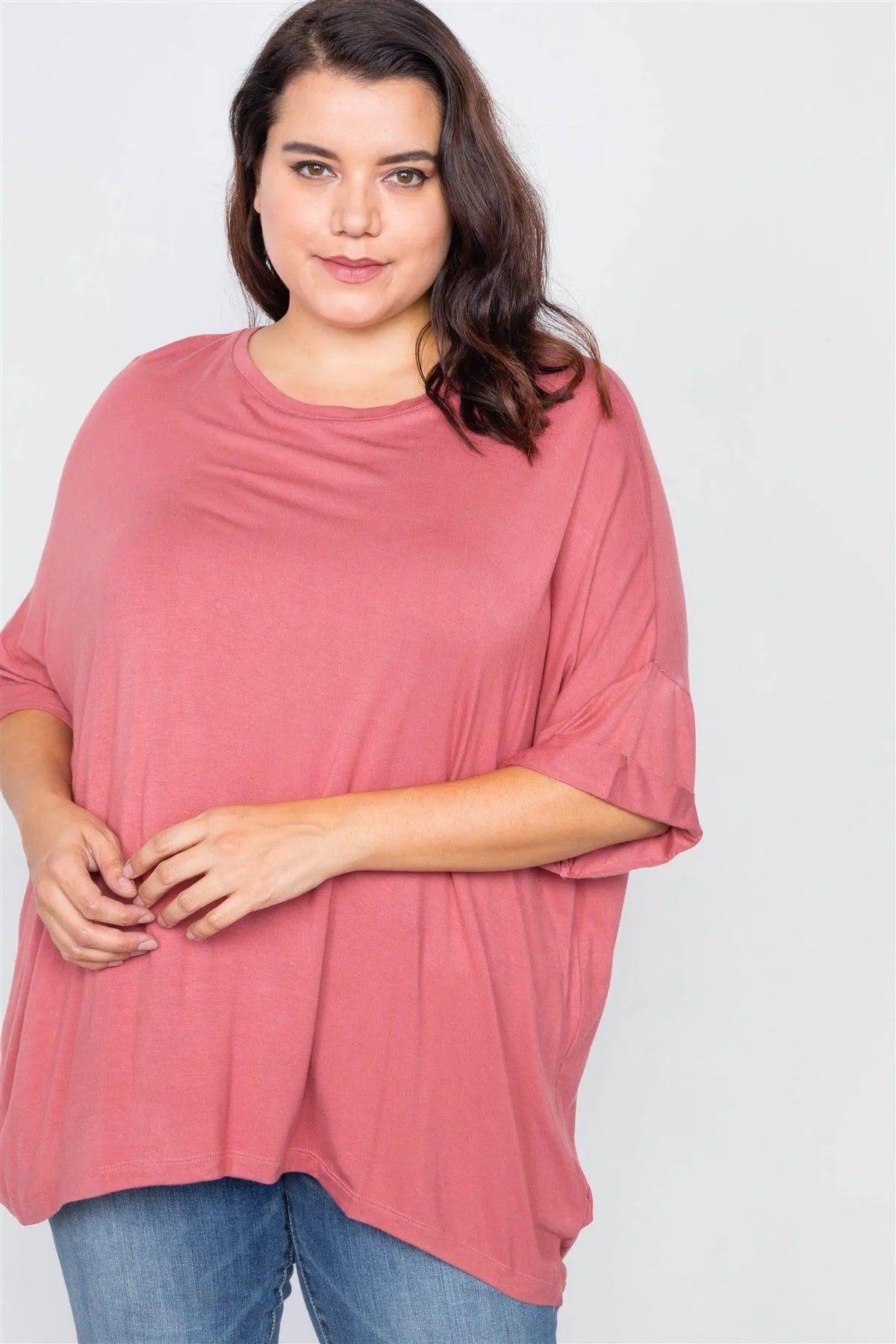 Junior Plus Size Ginger Batwing Short Sleeve Drop-Shoulder Top /1-3-2 - Tasha Apparel Wholesale