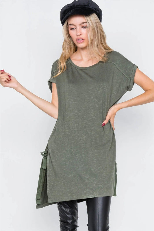 Olive High-Low Rolled Sleeves Side Slit Self-Tie Tunic Top /2-2-2 - Tasha Apparel Wholesale
