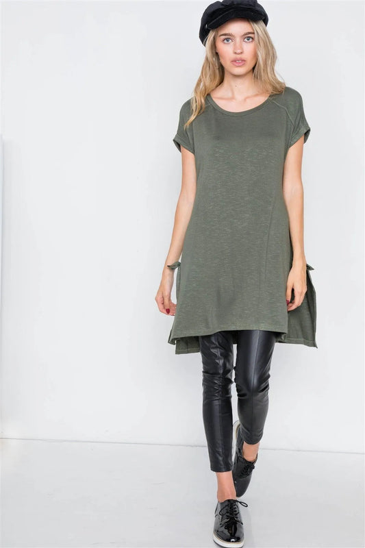 Olive High-Low Rolled Sleeves Side Slit Self-Tie Tunic Top /2-3-1 - Tasha Apparel Wholesale