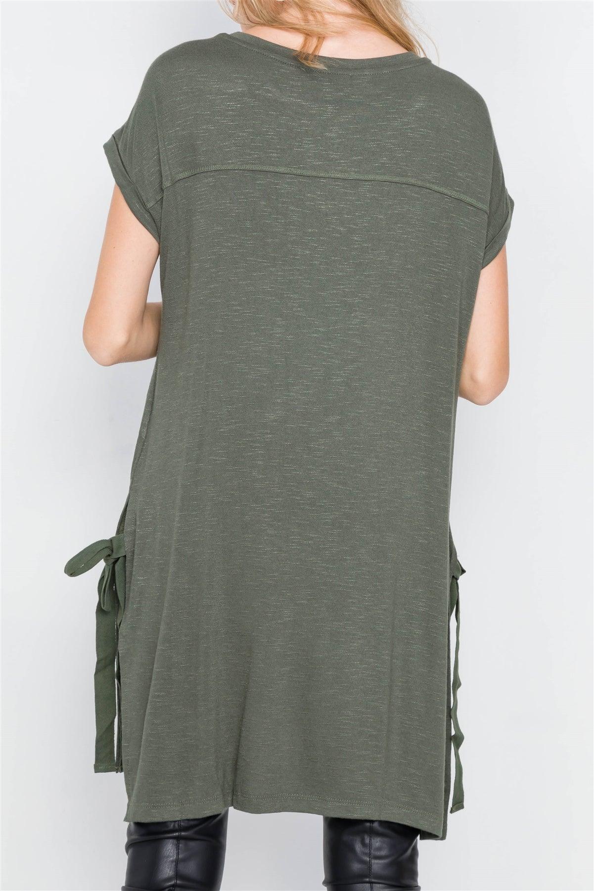 Olive High-Low Rolled Sleeves Side Slit Self-Tie Tunic Top /2-3-1