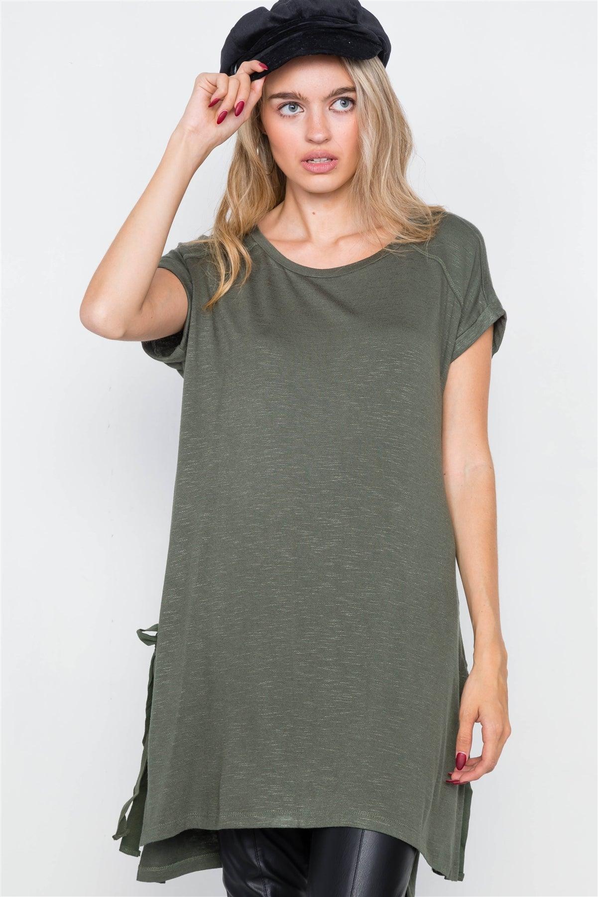 Olive High-Low Rolled Sleeves Side Slit Self-Tie Tunic Top /2-3-1