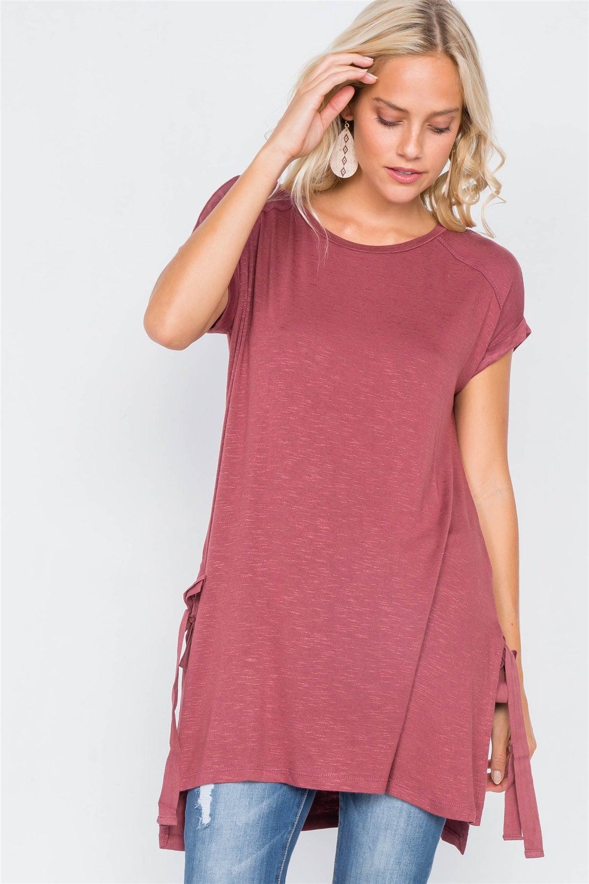 Wine Rose High-Low Rolled Sleeves Side Slit Self-Tie Tunic Top /2-2-2