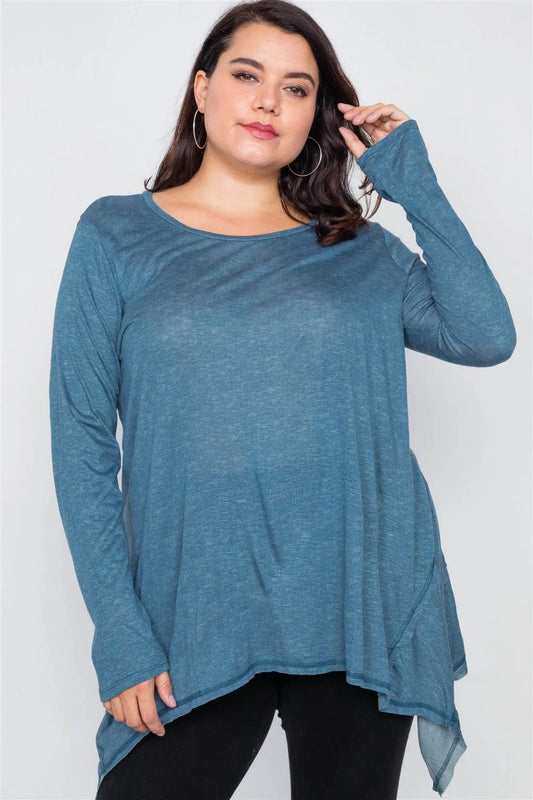 Junior Plus Size Solid Denim Blue Shark Bite Raw Hem Top /2-2-3 - Tasha Apparel Wholesale