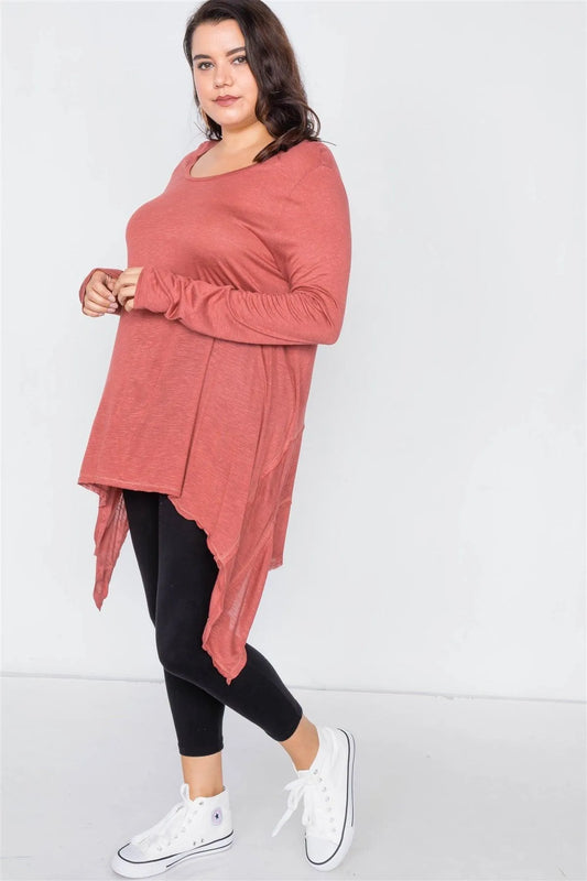 Junior Plus Size Solid Rust Shark Bite Raw Hem Top /2-2-2 - Tasha Apparel Wholesale