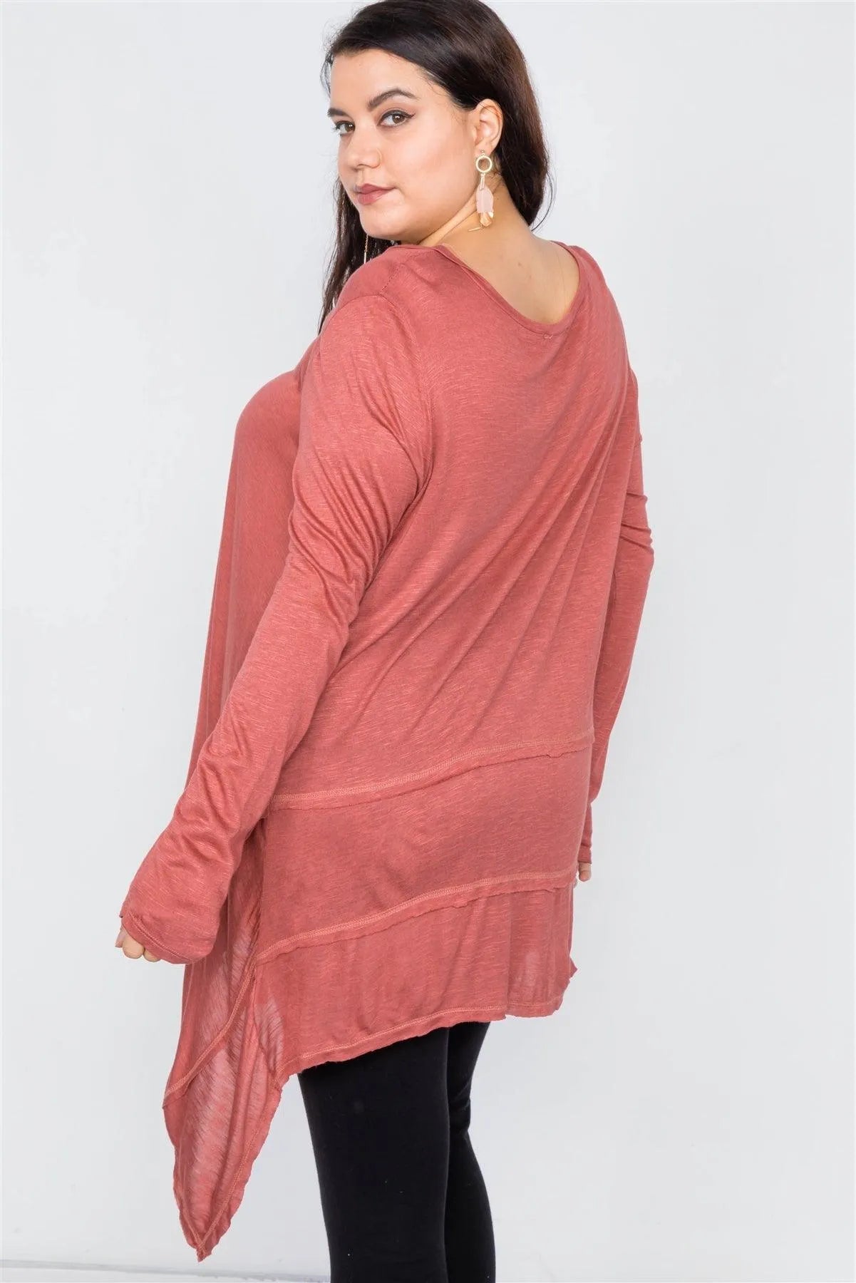 Junior Plus Size Solid Rust Shark Bite Raw Hem Top /2-2-2 - Tasha Apparel Wholesale