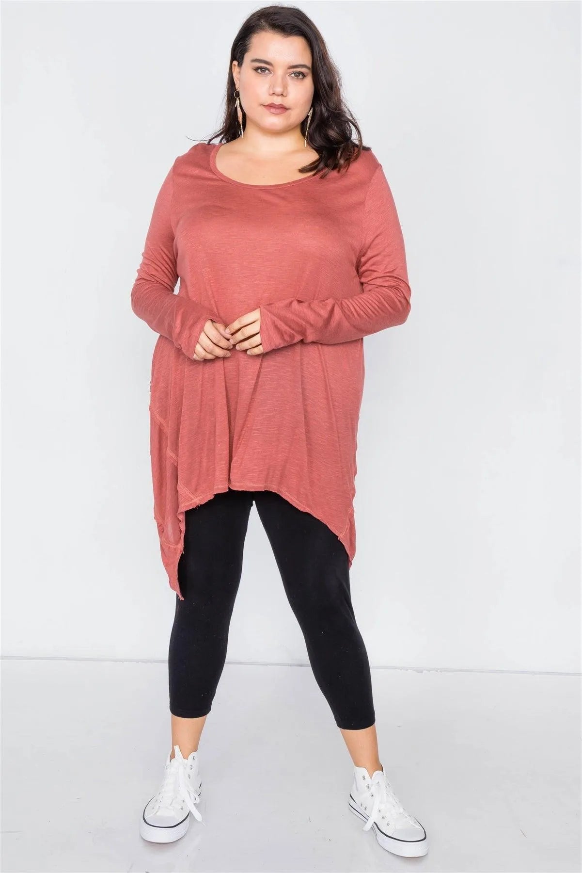 Junior Plus Size Solid Rust Shark Bite Raw Hem Top /2-2-2 - Tasha Apparel Wholesale