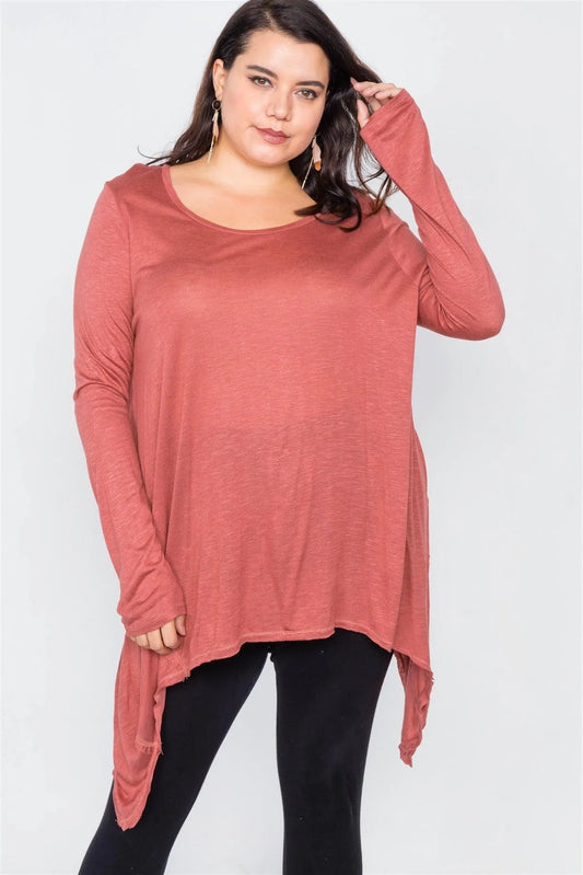 Plus Size Solid Rust Shark Bite Raw Hem Top /3-2-2 - Tasha Apparel Wholesale