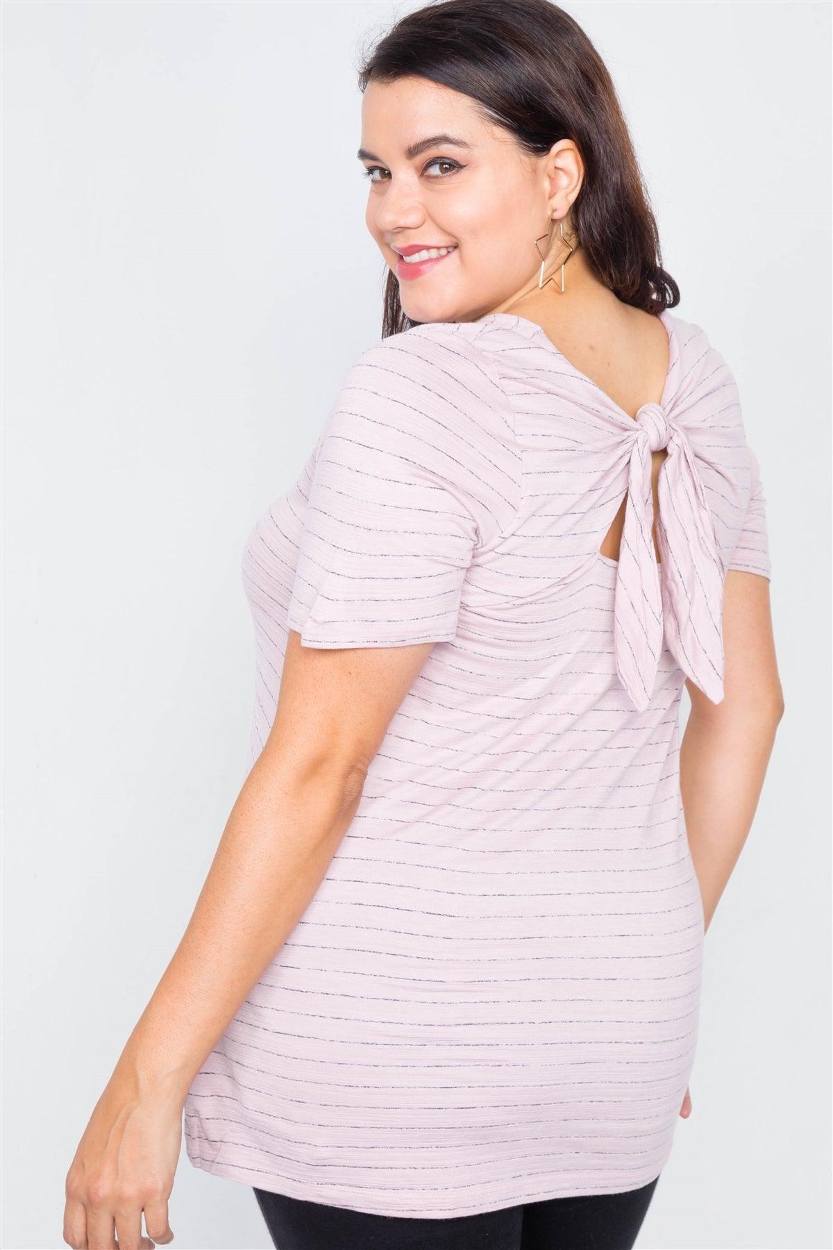 Plus Size Rose Pink Cut Out Back Bow Short Sleeve Top /2-1-1