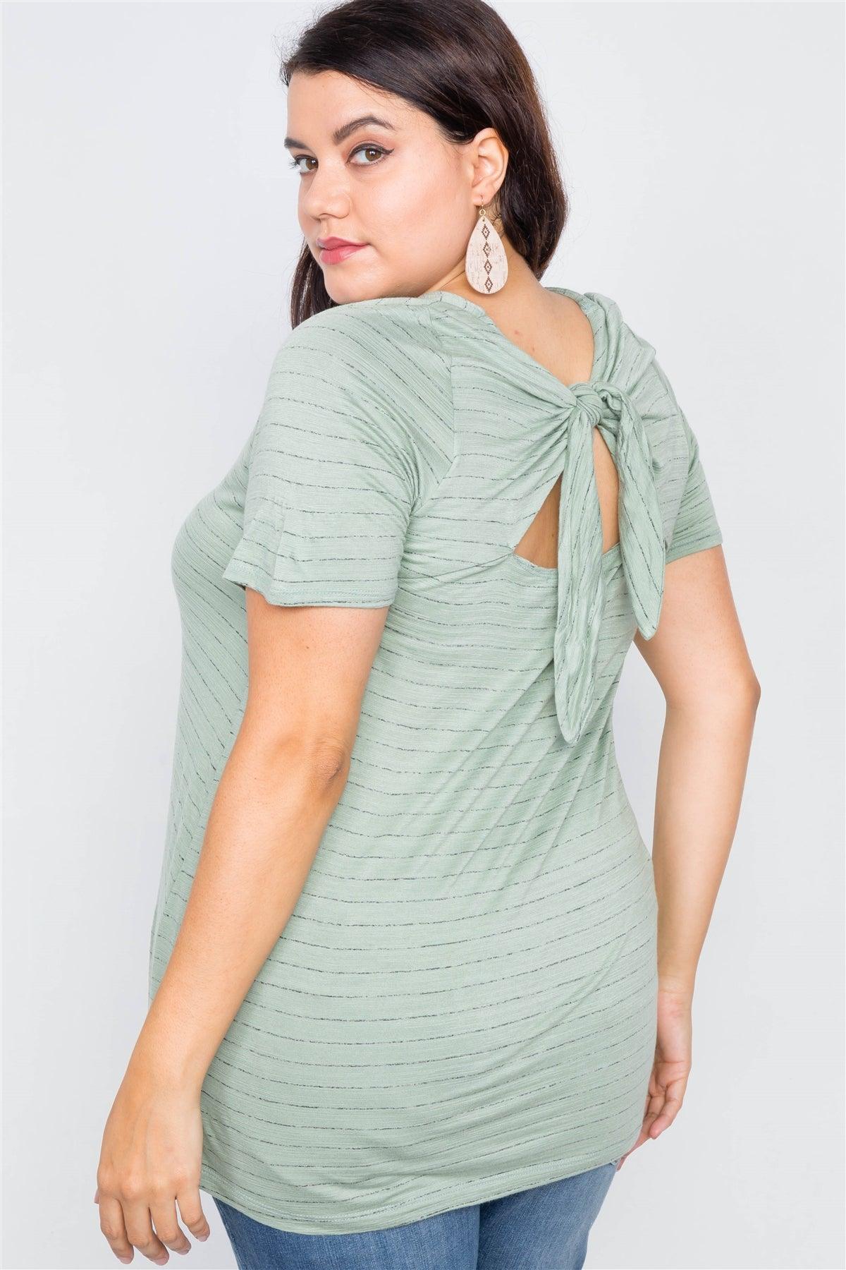 Junior Plus Size Sage Cut Out Back Bow Short Sleeve Top  /2-2-2