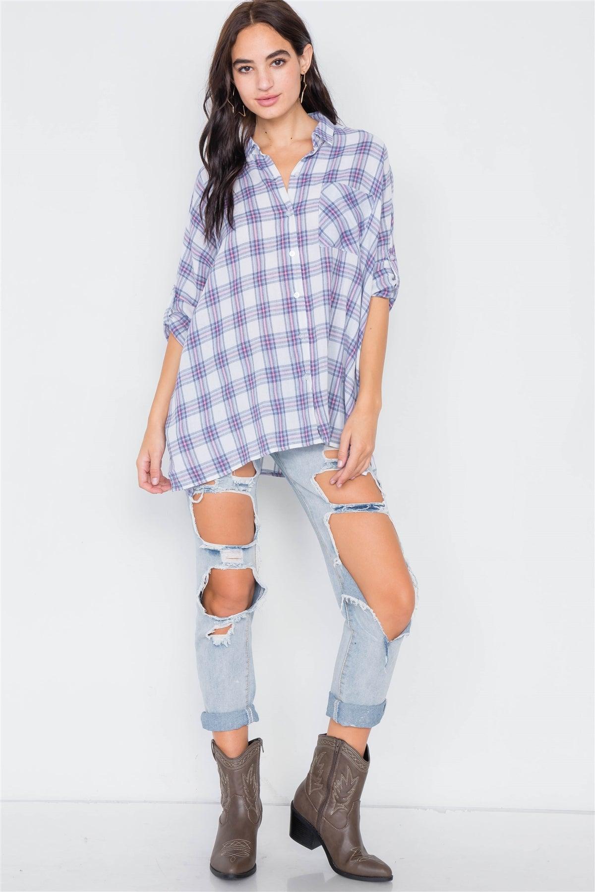 White Blue & Red Cotton Relaxed Fit Plaid Button Down Top /2-2-2
