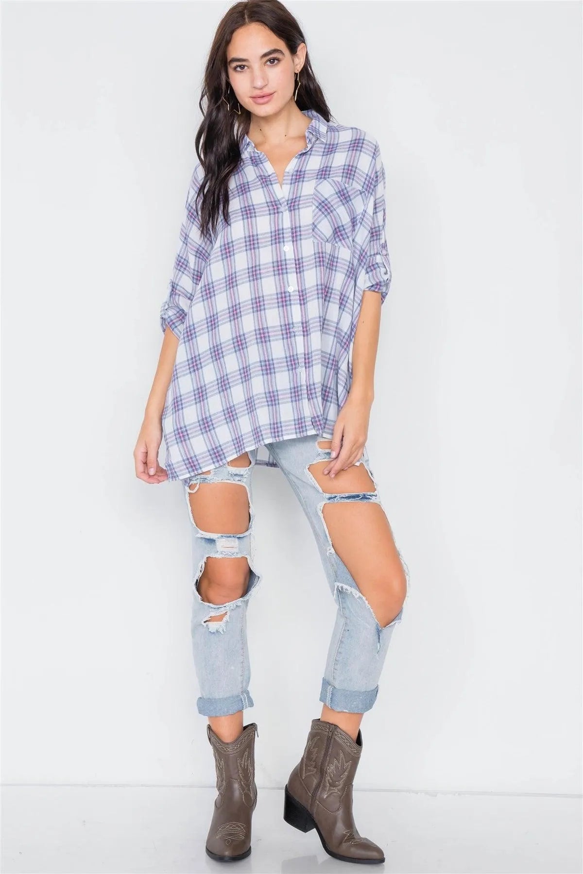 White Blue & Red Cotton Relaxed Fit Plaid Button Down Top /2-2-2 - Tasha Apparel Wholesale