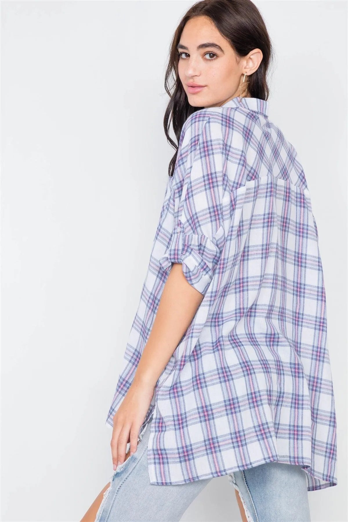 White Blue & Red Cotton Relaxed Fit Plaid Button Down Top /2-2-2 - Tasha Apparel Wholesale