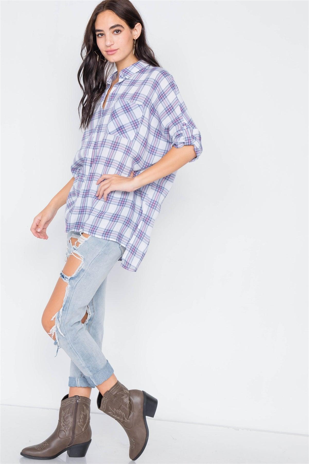 White Blue & Red Cotton Relaxed Fit Plaid Button Down Top /2-2-2