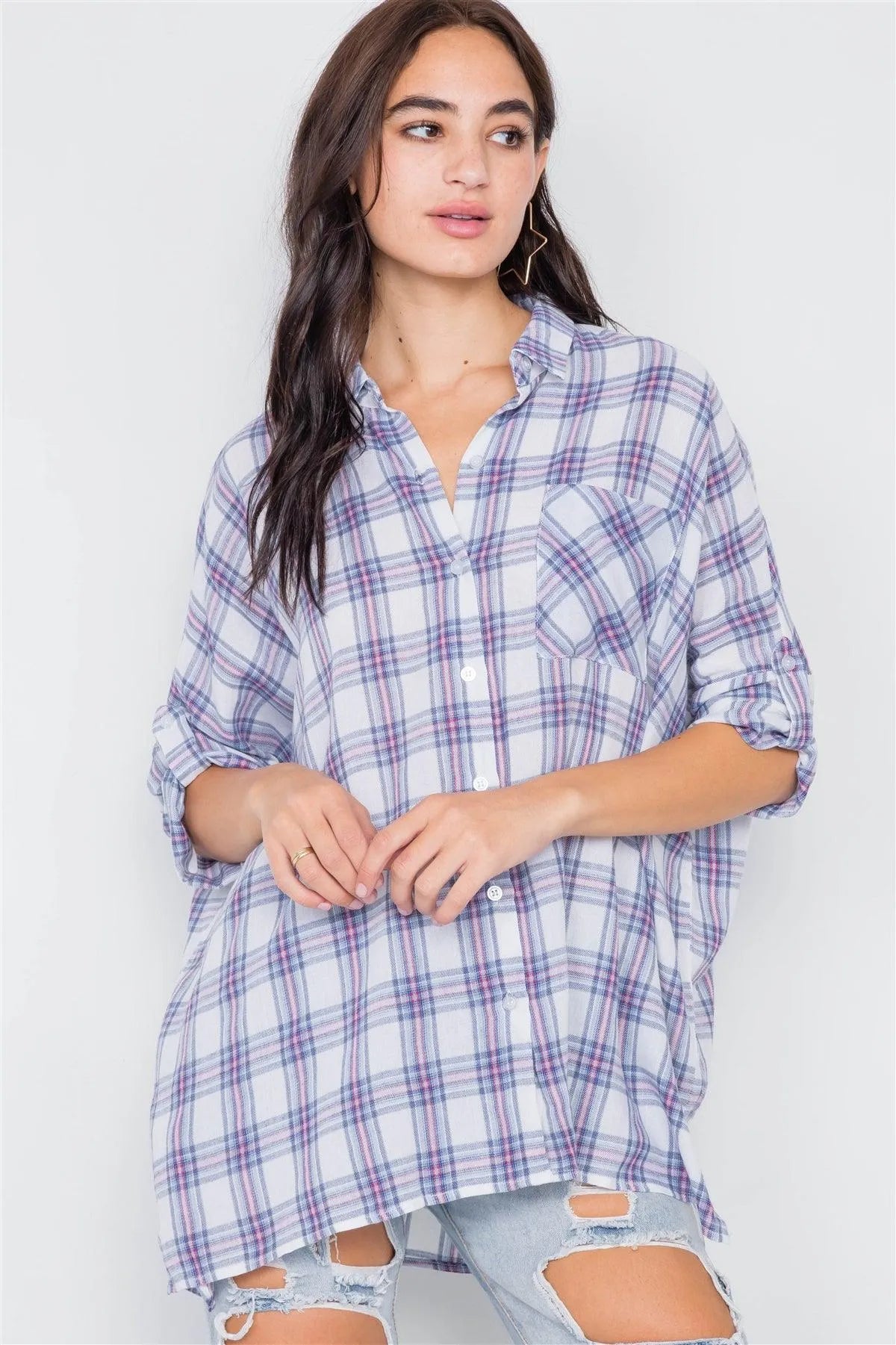 White Blue & Red Cotton Relaxed Fit Plaid Button Down Top /2-2-2 - Tasha Apparel Wholesale