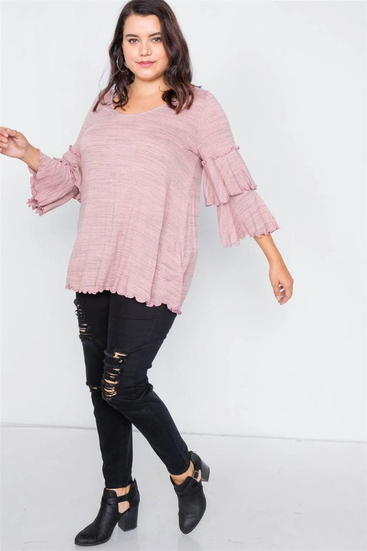 Plus Size Pink Tiered Ruffle Bell Sleeve Scoop Neck Top /2-2 - Tasha Apparel Wholesale