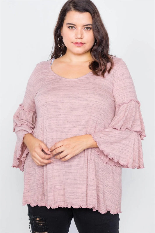 Plus Size Pink Tiered Ruffle Bell Sleeve Scoop Neck Top /2-2-2 - Tasha Apparel Wholesale