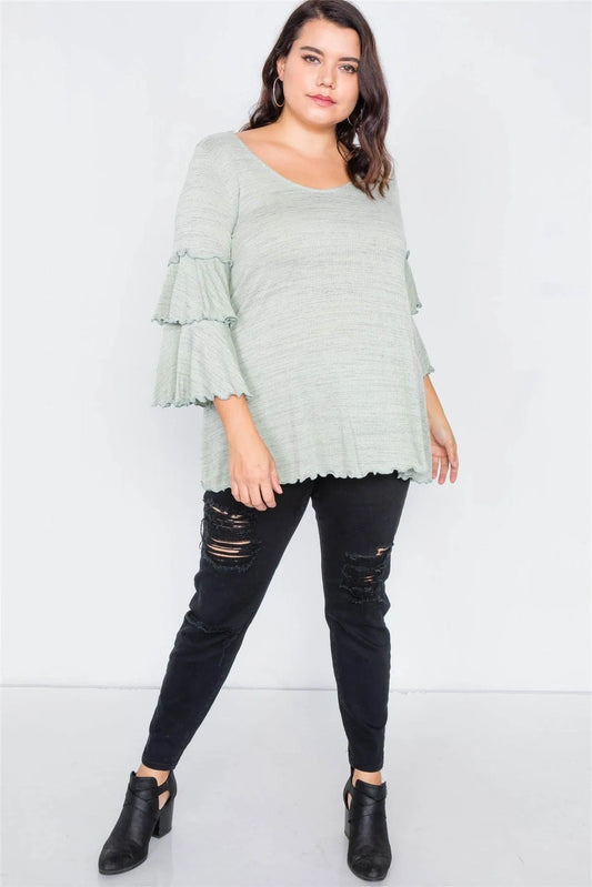 Plus Size Sage Tiered Ruffle Bell Sleeve Scoop Neck Top /2-2 - Tasha Apparel Wholesale