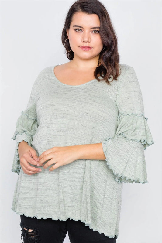 Junior Plus Size Sage Tiered Ruffle Bell Sleeve Scoop Neck Top /2-2-2 - Tasha Apparel Wholesale