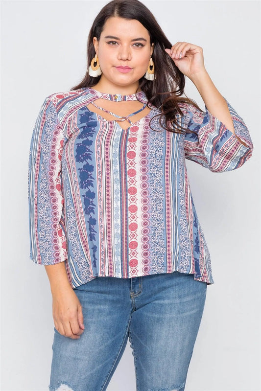 Blue & Magenta Boho Print Criss-Cross Neck High-Low Top /2-2-2 - Tasha Apparel Wholesale