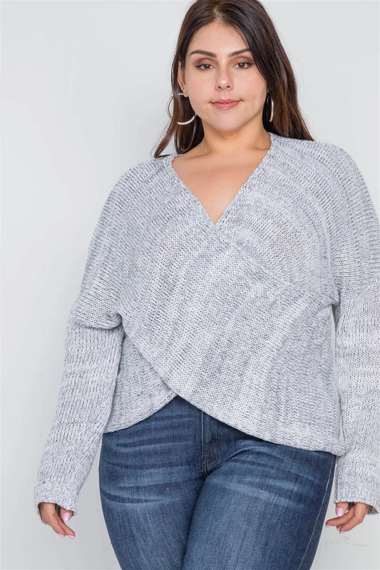 Plus Size Grey Heathered Cross-Front Knit Sweater /3-2-1 - Tasha Apparel Wholesale