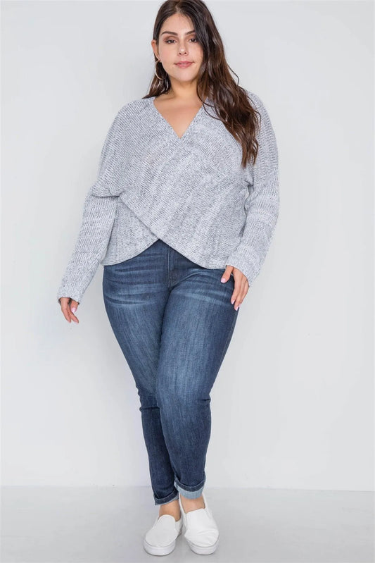 Plus Size Grey Heathered Cross-Front Knit Sweater /4-2 - Tasha Apparel Wholesale