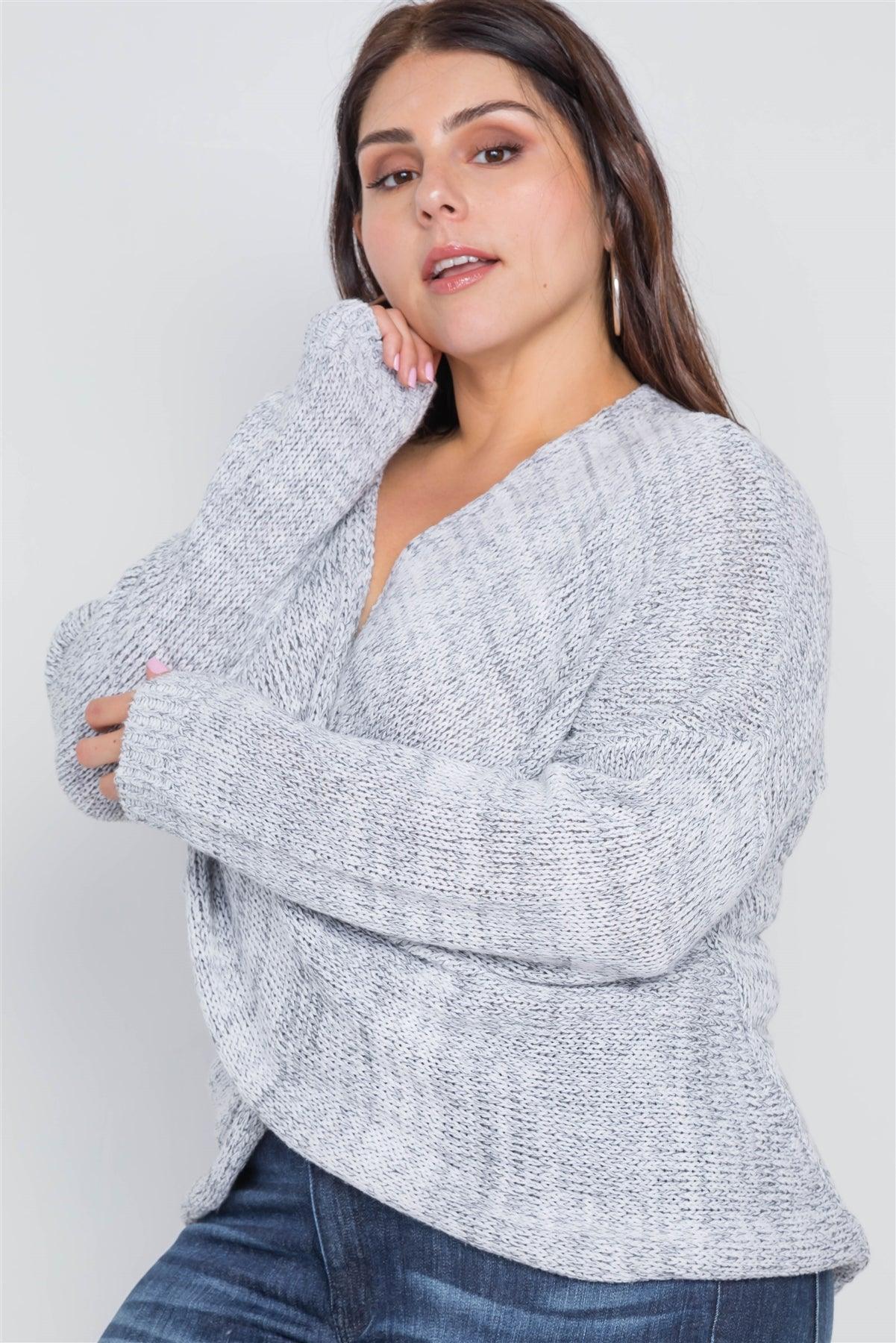 Plus Size Grey Heathered Cross-Front Knit Sweater /4-2
