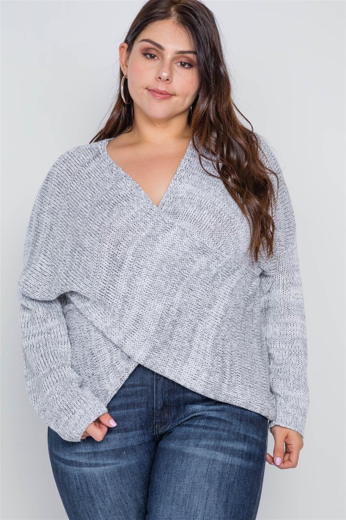 Plus Size Grey Heathered Cross-Front Knit Sweater /4-2