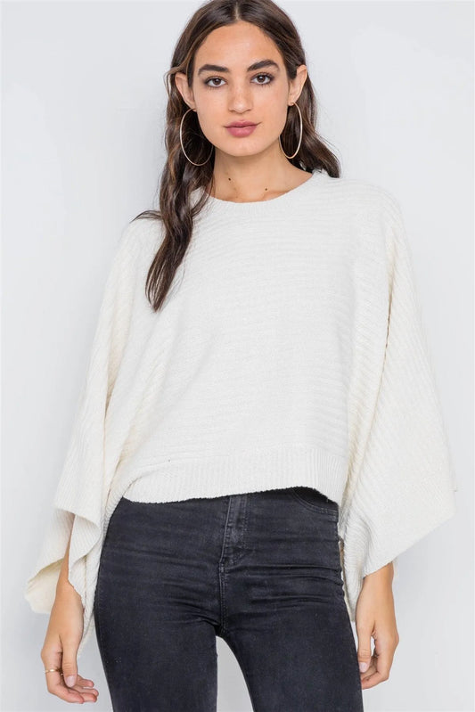 Ivory Ribbed Kimono Sleeves Knit Sweater /2-2-2 - Tasha Apparel Wholesale