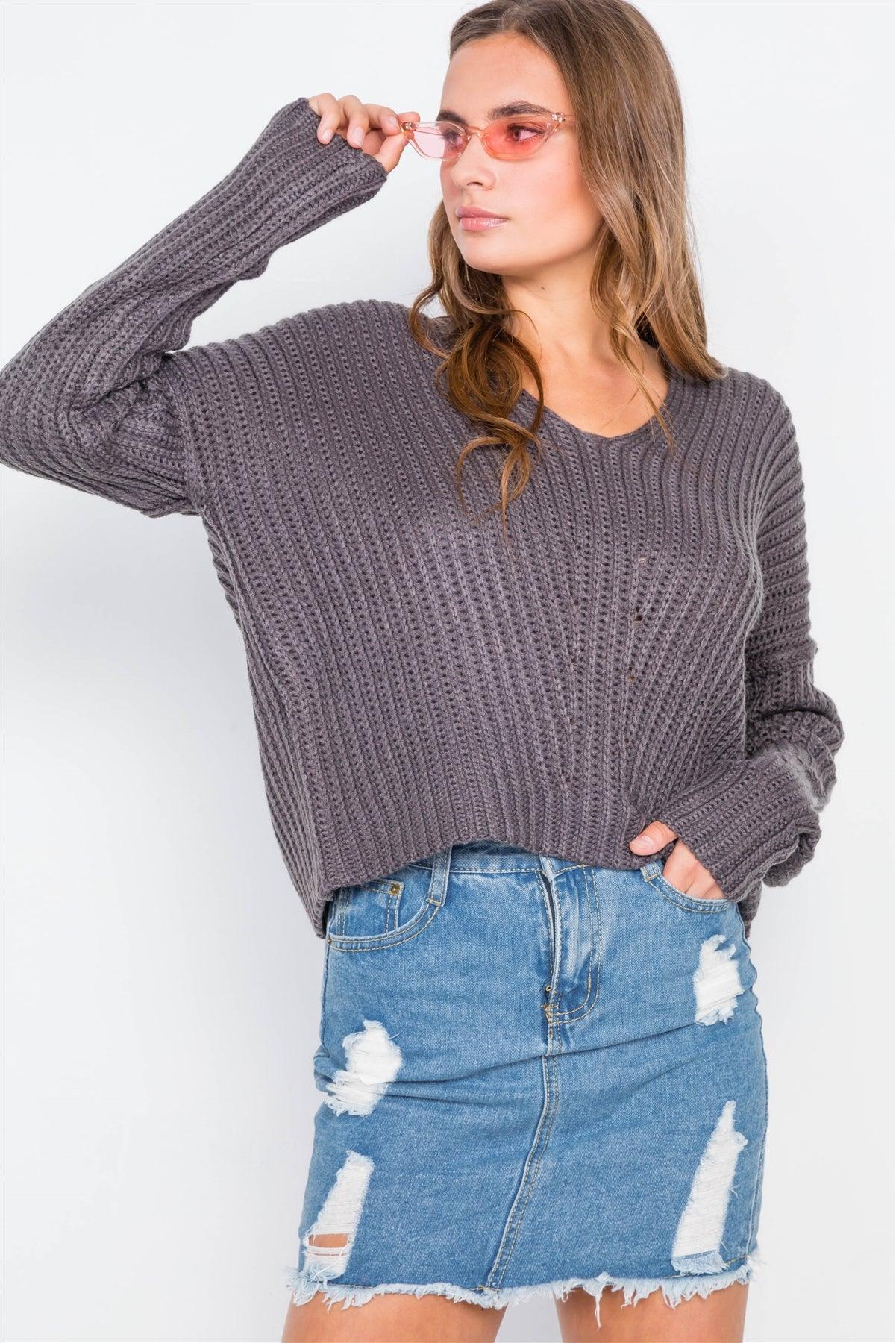 Charcoal Knit V-Neck Long Sleeve Sweater  /2-2