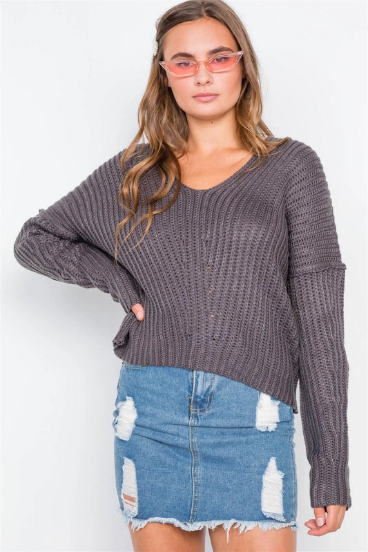Charcoal Knit V-Neck Long Sleeve Sweater /2-2-2 - Tasha Apparel Wholesale