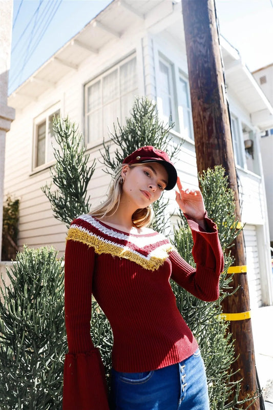 Burgundy Multi Stripe Knit Bell Sleeve Sweater /2-2-2 - Tasha Apparel Wholesale