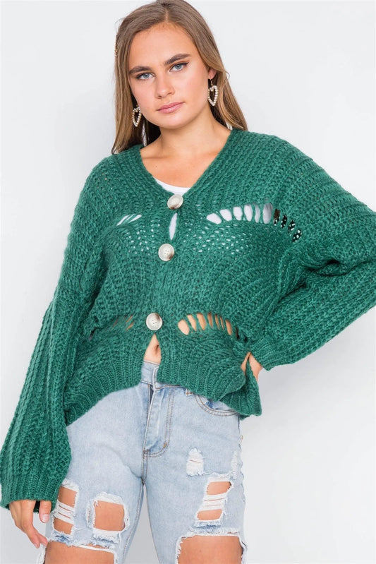 Green Chunky Knit Button-Front Cardigan /3-3 - Tasha Apparel Wholesale