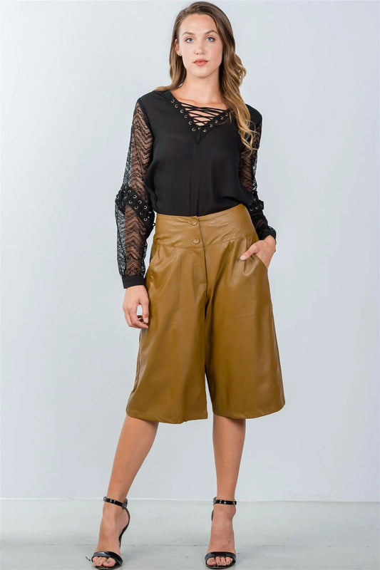 Camel Wide Leg Faux Leather Culottes / 2-2-2 - Tasha Apparel Wholesale