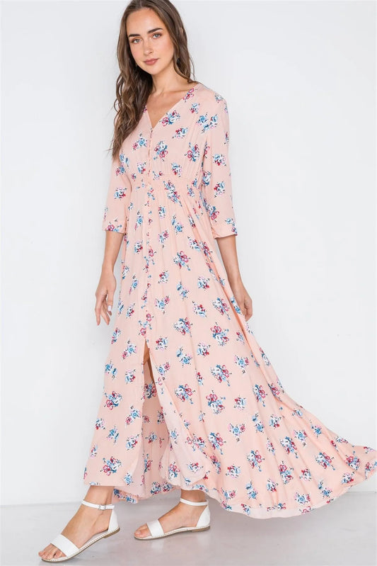 Pink Floral Button Down 3/4 Sleeve Maxi Dress - Tasha Apparel Wholesale