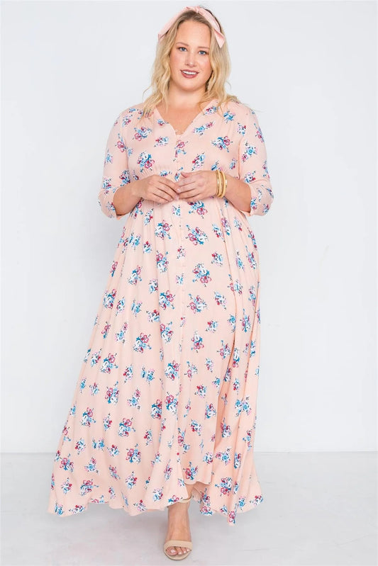 Junior Plus Size Pink Floral Button Down Maxi Dress /3-3 - Tasha Apparel Wholesale