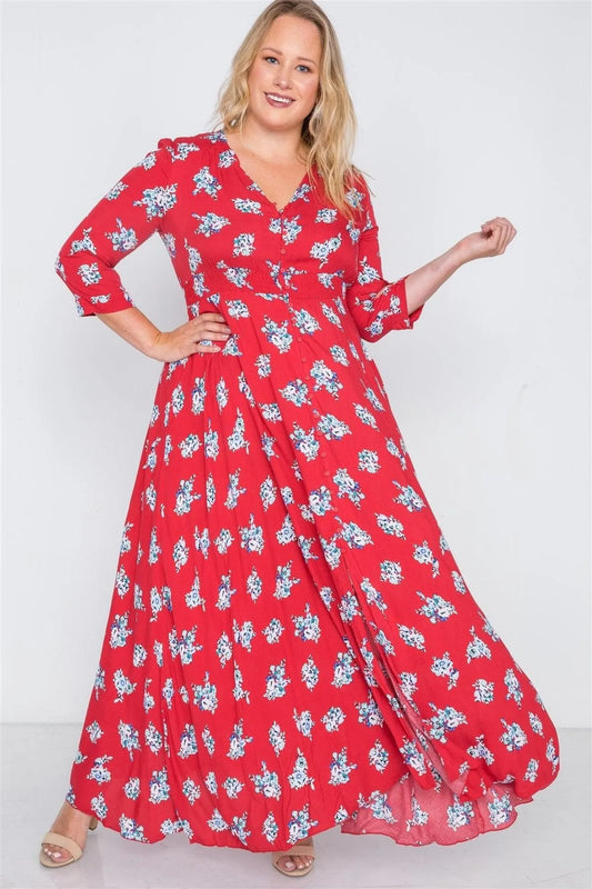Red Floral Button Down 3/4 Sleeve Maxi Dress /2-2-3 - Tasha Apparel Wholesale