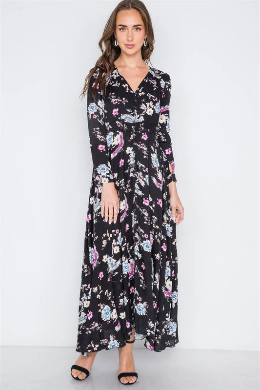 Black Floral Button Down Long Sleeve Maxi Dress /2-2-2 - Tasha Apparel Wholesale