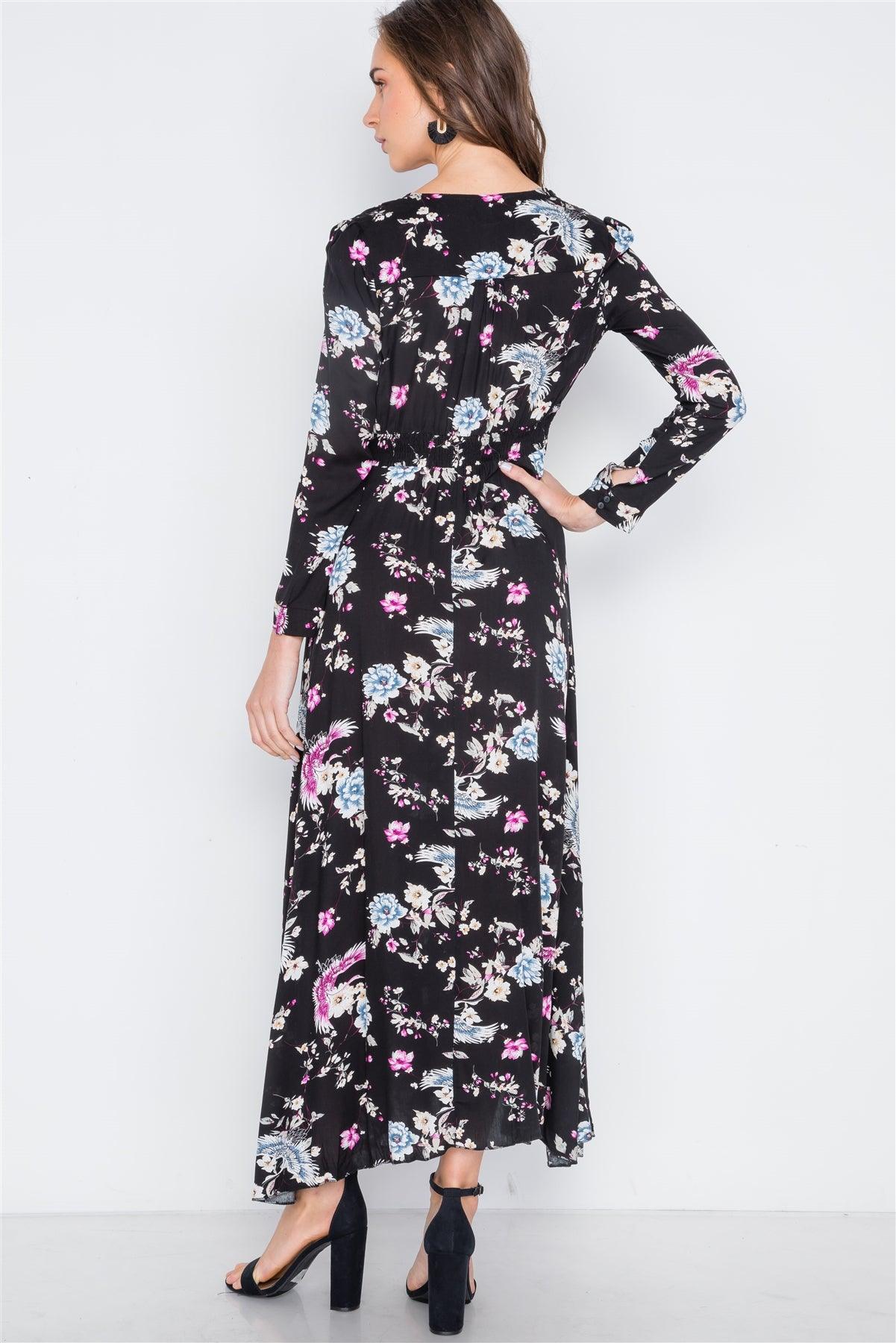 Black Floral Button Down Long Sleeve Maxi Dress /2-2-2