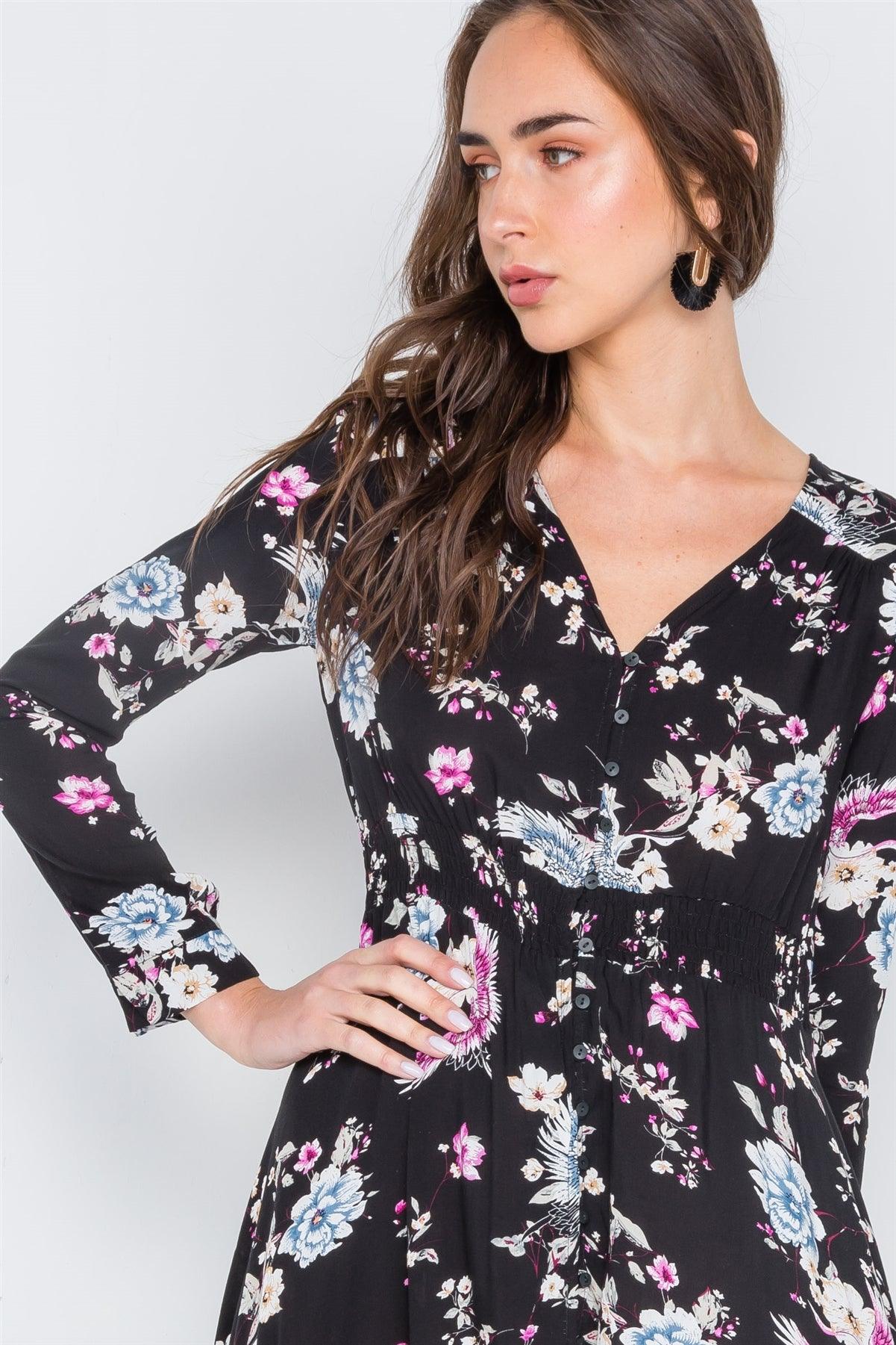 Black Floral Button Down Long Sleeve Maxi Dress /2-2-2