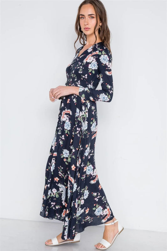 Dark Floral Button Down Long Sleeve Maxi Dress /2-2-2 - Tasha Apparel Wholesale