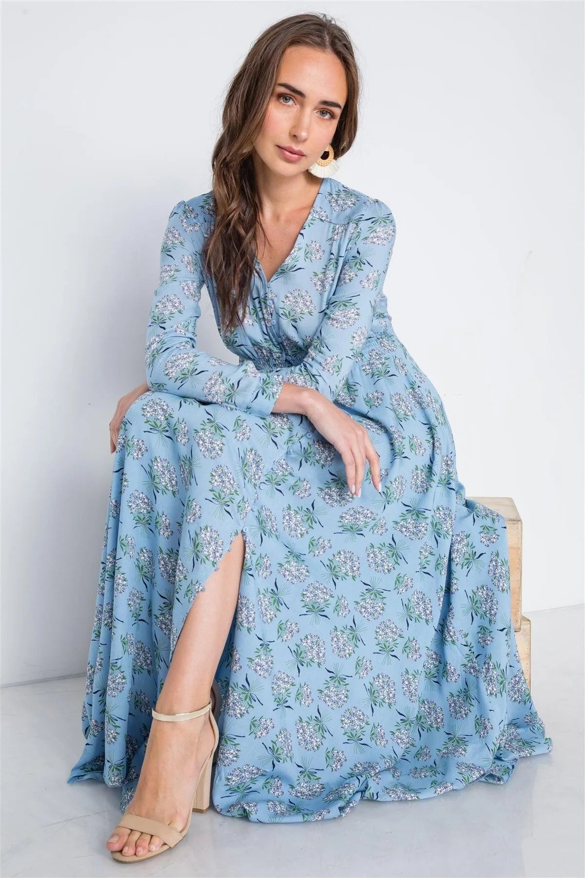 Light Blue Floral Button Down Long Sleeve Maxi Dress /2-2-2 - Tasha Apparel Wholesale