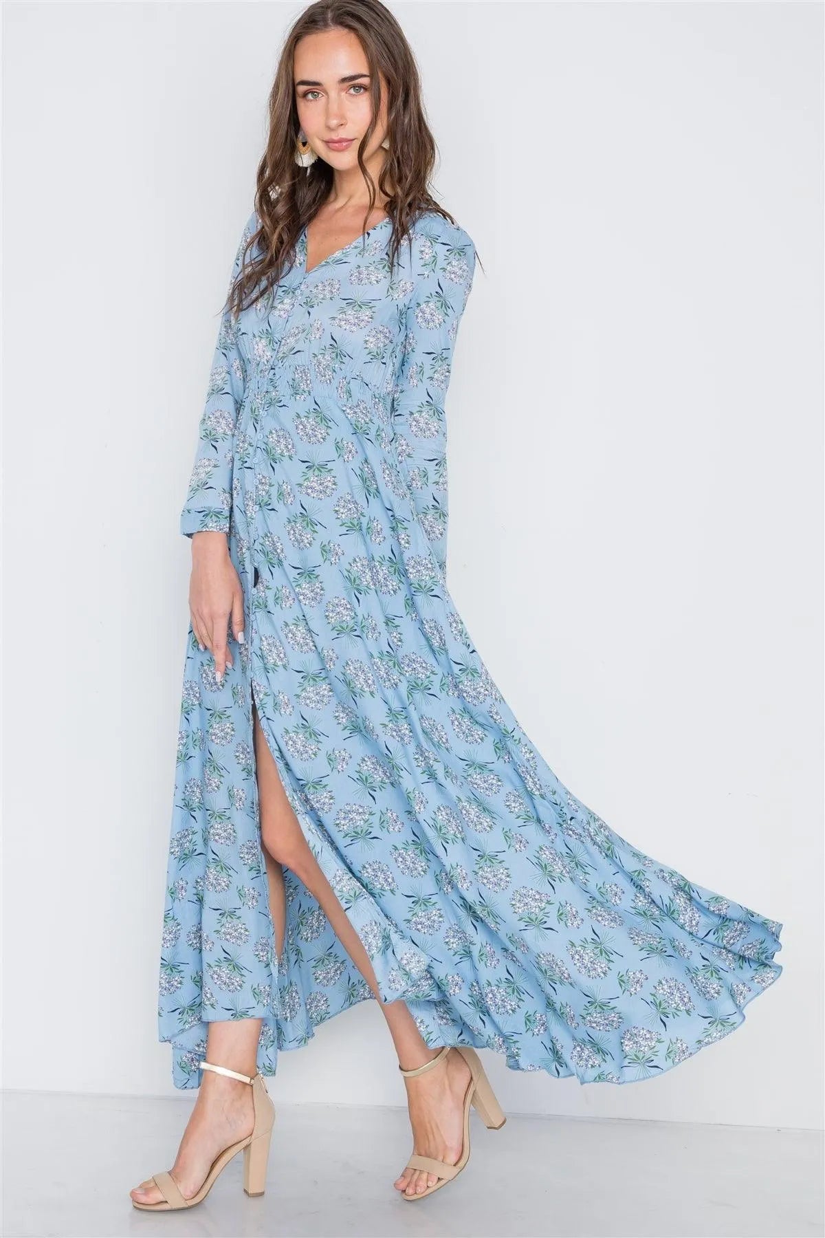 Light Blue Floral Button Down Long Sleeve Maxi Dress /2-2-2 - Tasha Apparel Wholesale