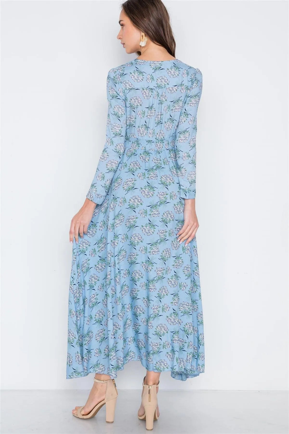 Light Blue Floral Button Down Long Sleeve Maxi Dress /2-2-2 - Tasha Apparel Wholesale